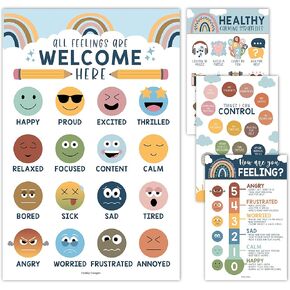 Hadley Designs Feelings Chart for Kids – 4 Pack Emotion Posters for Classroom & Home, Laminated Social Emotional Learning (SEL) & Behavior Management Tools, 11x17 Boho Classroom Decor