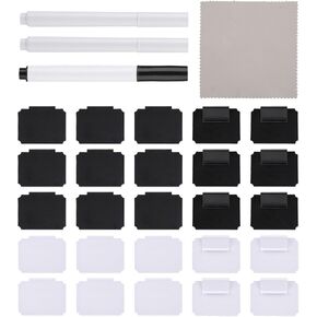 25pcs Basket Label Clip, Black and White Plastic Tag Clamp on Dry Erase Fabric Drawer Chalk Label Office Necessity Storage Bin Tag Holder with Erasable Pen and Cleaning Cloth for Office Pantry Store
