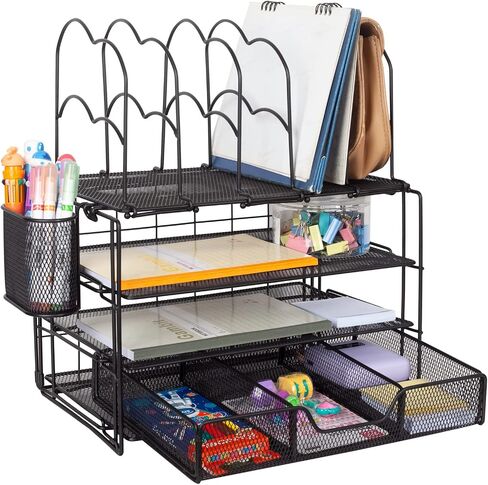 Barelove Desk Organizer with Sliding Drawer, Large Office Desktop Mesh Pen Pencil Holder Caddy Organization with 7 Compartments, Great for Home School Supplies Stationery Book IPAD (Black) in Saudi Arabia