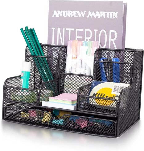 Barelove Desk Organizer with Sliding Drawer, Large Office Desktop Mesh Pen Pencil Holder Caddy Organization with 7 Compartments, Great for Home School Supplies Stationery Book IPAD (Black) in Saudi Arabia