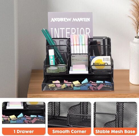 Barelove Desk Organizer with Sliding Drawer, Large Office Desktop Mesh Pen Pencil Holder Caddy Organization with 7 Compartments, Great for Home School Supplies Stationery Book IPAD (Black) in Saudi Arabia