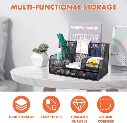 Barelove Desk Organizer with Sliding Drawer, Large Office Desktop Mesh Pen Pencil Holder Caddy Organization with 7 Compartments, Great for Home School Supplies Stationery Book IPAD (Black) in Saudi Arabia