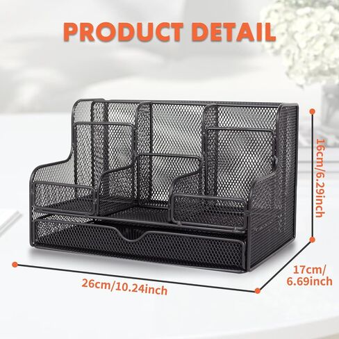 Barelove Desk Organizer with Sliding Drawer, Large Office Desktop Mesh Pen Pencil Holder Caddy Organization with 7 Compartments, Great for Home School Supplies Stationery Book IPAD (Black) in Saudi Arabia