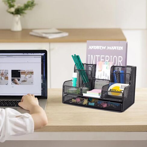 Barelove Desk Organizer with Sliding Drawer, Large Office Desktop Mesh Pen Pencil Holder Caddy Organization with 7 Compartments, Great for Home School Supplies Stationery Book IPAD (Black) in Saudi Arabia