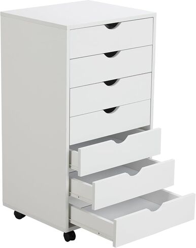 Drawer Chest File Cabinet, Wood Dresser Under Desk Storage, Mobile Printer Stand with Lockable Wheels For Home Office Study, White, 7-Drawers in Saudi Arabia