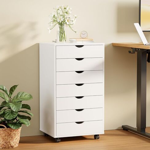 Drawer Chest File Cabinet, Wood Dresser Under Desk Storage, Mobile Printer Stand with Lockable Wheels For Home Office Study, White, 7-Drawers in Saudi Arabia