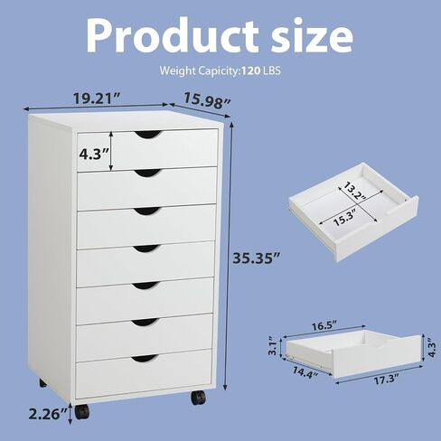 Drawer Chest File Cabinet, Wood Dresser Under Desk Storage, Mobile Printer Stand with Lockable Wheels For Home Office Study, White, 7-Drawers in Saudi Arabia