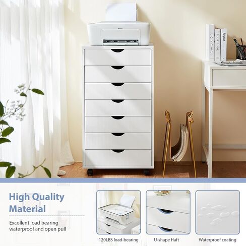 Drawer Chest File Cabinet, Wood Dresser Under Desk Storage, Mobile Printer Stand with Lockable Wheels For Home Office Study, White, 7-Drawers in Saudi Arabia