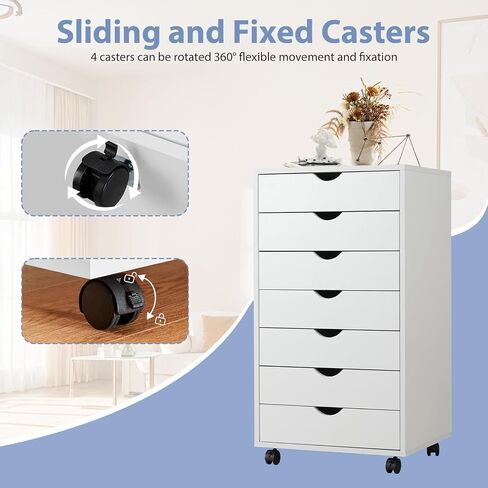 Drawer Chest File Cabinet, Wood Dresser Under Desk Storage, Mobile Printer Stand with Lockable Wheels For Home Office Study, White, 7-Drawers in Saudi Arabia