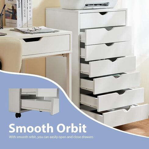 Drawer Chest File Cabinet, Wood Dresser Under Desk Storage, Mobile Printer Stand with Lockable Wheels For Home Office Study, White, 7-Drawers in Saudi Arabia