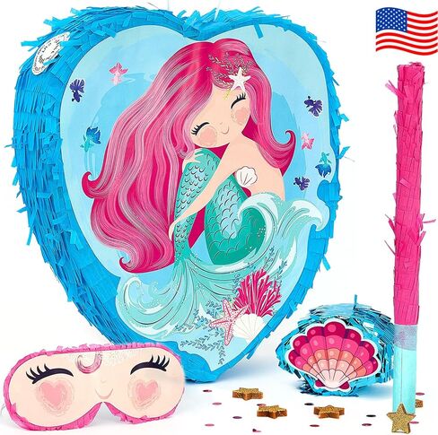 Mermaid Pinata Birthday Party Supplies Game - Under the Sea Princess Decorations Set Idea for Little Girls & Kids, Piñata de Sirena Ocean Theme Kit - Large Pinata, Mini Seashell, Blindfold & Bat in Kuwait