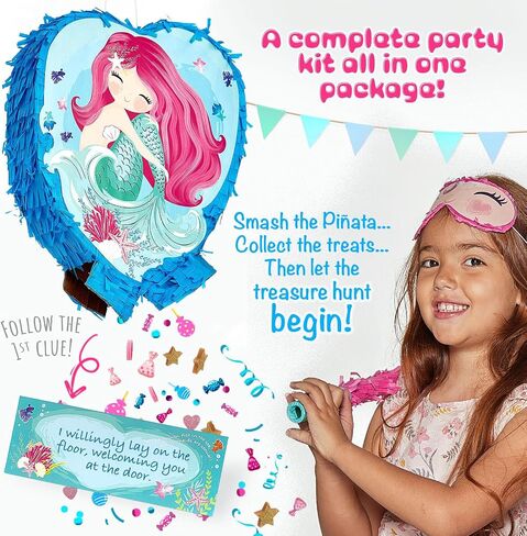 Mermaid Pinata Birthday Party Supplies Game - Under the Sea Princess Decorations Set Idea for Little Girls & Kids, Piñata de Sirena Ocean Theme Kit - Large Pinata, Mini Seashell, Blindfold & Bat in Kuwait