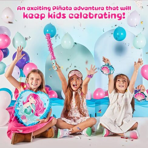 Mermaid Pinata Birthday Party Supplies Game - Under the Sea Princess Decorations Set Idea for Little Girls & Kids, Piñata de Sirena Ocean Theme Kit - Large Pinata, Mini Seashell, Blindfold & Bat in Kuwait