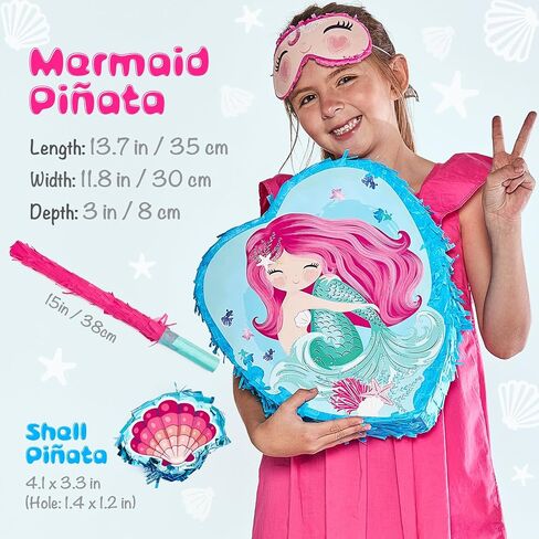 Mermaid Pinata Birthday Party Supplies Game - Under the Sea Princess Decorations Set Idea for Little Girls & Kids, Piñata de Sirena Ocean Theme Kit - Large Pinata, Mini Seashell, Blindfold & Bat in Kuwait