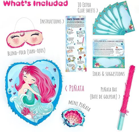 Mermaid Pinata Birthday Party Supplies Game - Under the Sea Princess Decorations Set Idea for Little Girls & Kids, Piñata de Sirena Ocean Theme Kit - Large Pinata, Mini Seashell, Blindfold & Bat in Kuwait