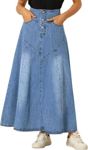 تنورة الدنيم الكاجوال من Allegra K للتنانير الطويلة النسائية ذات الخصر العالي على شكل حرف A in Saudi Arabia
