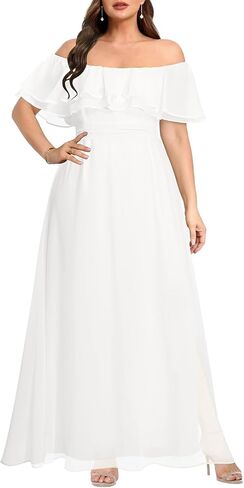Pinup Fashion Plus Size Formal Bridesmaid Wedding Guest Chiffon Long Dress | Chiffon, off-the-shoulder neckline, layered ruffles, ruched elastic waist, floor-length, evening party, wedding guest in Saudi Arabia