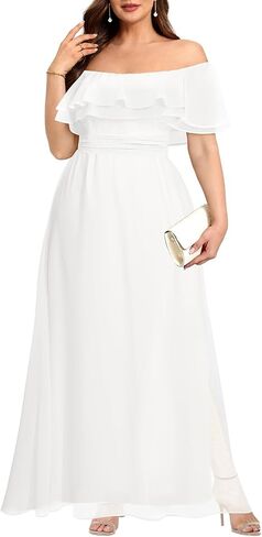 Pinup Fashion Plus Size Formal Bridesmaid Wedding Guest Chiffon Long Dress | Chiffon, off-the-shoulder neckline, layered ruffles, ruched elastic waist, floor-length, evening party, wedding guest in Saudi Arabia