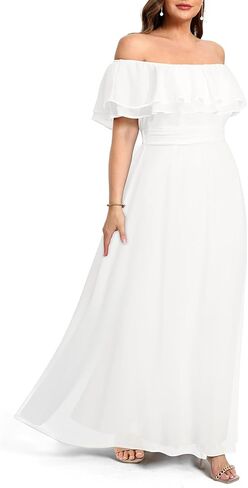 Pinup Fashion Plus Size Formal Bridesmaid Wedding Guest Chiffon Long Dress | Chiffon, off-the-shoulder neckline, layered ruffles, ruched elastic waist, floor-length, evening party, wedding guest in Saudi Arabia