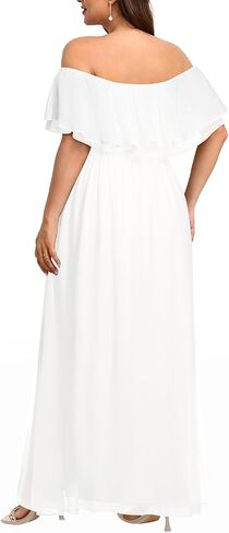 Pinup Fashion Plus Size Formal Bridesmaid Wedding Guest Chiffon Long Dress | Chiffon, off-the-shoulder neckline, layered ruffles, ruched elastic waist, floor-length, evening party, wedding guest in Saudi Arabia