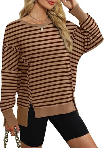 سويت شيرت نسائي كبير الحجم من XIEERDUO، سويت شيرت برقبة دائرية وأكمام طويلة، كاجوال بفتحة جانبية in Kuwait