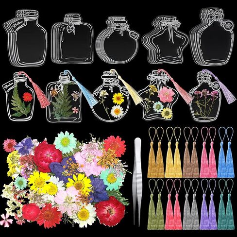 TaoBary 81 Pcs DIY Transparent Dried Flower Bookmark Set Include Clear Bookmarks Dried Flowers Colorful Tassels and Tweezer Handmade Dried Floral Bookmark for Book Bottle Supplies(Classic) in Saudi Arabia