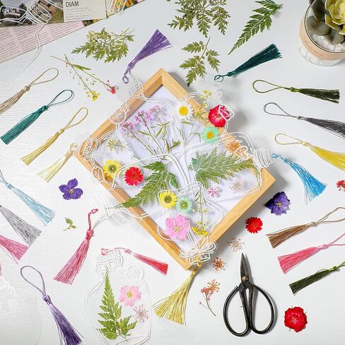 TaoBary 81 Pcs DIY Transparent Dried Flower Bookmark Set Include Clear Bookmarks Dried Flowers Colorful Tassels and Tweezer Handmade Dried Floral Bookmark for Book Bottle Supplies(Classic) in Saudi Arabia