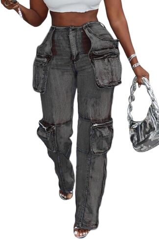 Vaceky Stretch Cargo Jeans Women Straight Leg Side Zipper Slit Denim Y2K Pants with Pockets in Kuwait