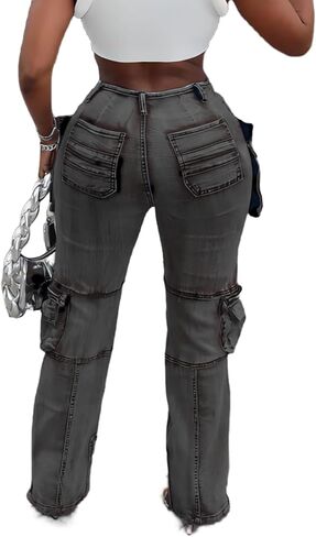 Vaceky Stretch Cargo Jeans Women Straight Leg Side Zipper Slit Denim Y2K Pants with Pockets in Kuwait