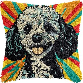 Poodle Dog Colorful Latch Hook Kits Pillow Printed Cushion Crochet Yarn Needlework DIY Hook Latch Kit Pillowcase Rug Cover Home Sofa Christmas Decoration 43x43cm(2)