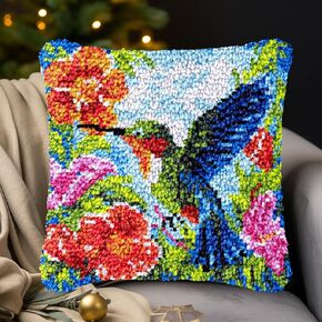 Hummingbird Latch Hook Pillow Kits Printed Embroidery Pillowcase DIY Crochet Yarn Hook and Latch Art Rug Cushion for Home Christmas Decor and Gift 43x46cm(2)