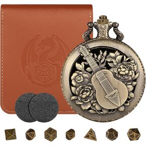 Mini DND Dice Set Steampunk Hollow Bard Pocket Watch Shell Case, 7pcs Tiny Polyhedral Metal D&D Dice Set, DND Gifts with Leather Bag, Role Playing Board Games Accessories, Bronze