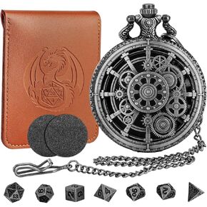 Mini DND Dice Set with Steampunk Hollow Gear Pocket Watch Shell Case, Tiny 7pcs Polyhedral Metal D&D Dice,DND Gifts with Leather Bag, Christmas Gifts, Role Playing Board Games Accessories, Silver