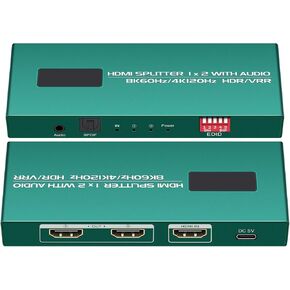8k HDMI 2.1 Splitter 1 in 2 Out 4k 120hz,1x2 HDMI Splitter,with Audio HDR/VRR, Copy, Downscaler EDID Mode, Compatible with Xbox Series X, PS4 Pro, PS5, Blu-ray Player