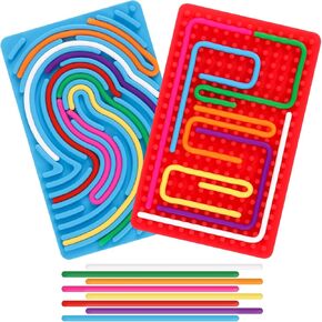 2pcs Sensory Activity Board, Double-Sided Silicone Fidget Toys for Kids 3+ & Adults, Sensory Toys for Anxiety, ADHD, Autism, Calming, Includes 20 Strings, Red & Blue