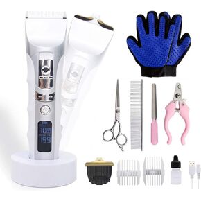 JAKEMY Dog Clippers Low Noise Pet Clippers Rechargeable Dog Trimmer Cordless Pet Grooming Tool with Pet Glooming Glove Comb Guides Scissors Nail Kits LED Screen for Dogs Cats & Others