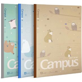 KOKUYO Spiral Notebook Journal, 3 Pack Campus B5 Soft Ring Notebooks with Dotted A 7mm Rule, 40 Sheets, Cute Animal 1 Subject Notebook in Blue Yellow Green, College Office Note Taking. Japan Import