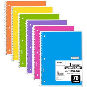 Mead Spiral Notebooks, 6 Pack, 1-Subject, College Ruled Paper, 10-1/2" x 8", 70 Sheets per Notebook, Assorted Colors (73065)…