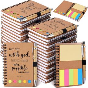 60 Pcs Christian Gifts Bulk Spiral Notebooks with Sticky Notes Inspirational Bible Verse Prayer Journals Religious Notepad Bamboo Ballpoint Pens for Women Teacher Church Party Office