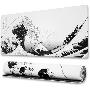 Ovenbird Gaming Mouse Pad with Stitched Edges, Japanese Wave Mouse Pad, Extended XL Mousepad with Anti-Slip Base, Cool Large Mouse Pad for Desk, 31.5 x 11.8 in, Black and White
