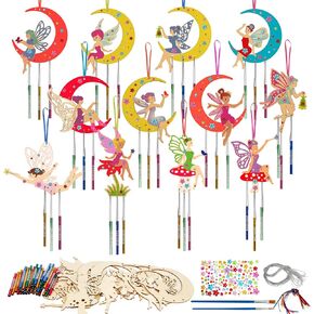 12 Pack Wind Chime Kit for Kids,Fairy Elves Craft Kits DIY Fairy Wind Chime Unfinished Wooden Fairytale Craft Ornaments for Boys Girls Activity Art Project Decor