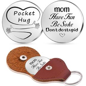 هدية تذكارية بعبارة «Everything I am Pocket Hug Token Token للأم، تذكار للعلاقات بعيدة المدى من الستانلس ستيل، هدية ملهمة مزدوجة الجوانب مع سلسلة مفاتيح من جلد البولي يوريثين للام من الابنة والابن