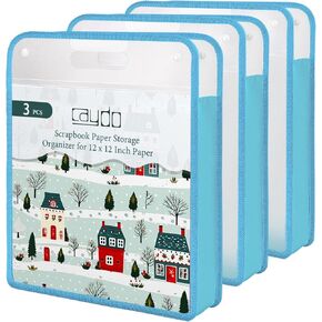 Caydo 3 Pack Scrapbook Paper Storage, Clear Expanding Paper Folio with Handle, Portable 12 x 12 Paper Storage Organizer for Holding Scrapbook, Vinyl Paper, Cardstock (Blue, Pink, Black)