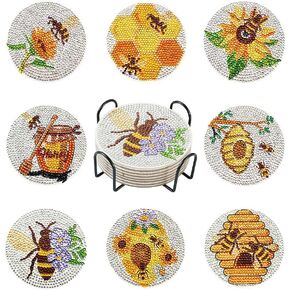 Pandahall 8Pcs Bees Diamond Painting Coasters Kits DIY Bee Honeycomb Diamond Art Painting Coasters with Holder Honey Diamond Painting Coasters for Beginners Adults and Kids Craft Supplies Gift