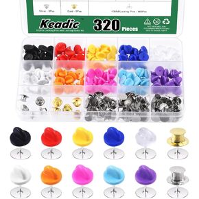 Keadic 320Pcs Tie Tacks Blank Pins with Rubber Pin Keepers Pin Backs, Multicolor Safety Silicone Pin Locks for Brooch Tie Hat Badge Insignia Clasp Lapel Pin