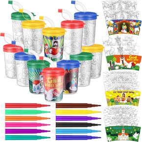 12 Pcs Christian Bible Coloring Cups with Watercolor Pen Christmas Color Your Own Cups Christian Religious Coloring Crafts for Sunday School Bible Church Activities Christmas Party Favors