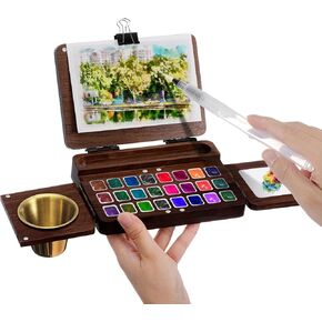 11 Pcs Wooden Portable Watercolor Palette Travel Set 24 Grids Foldable Walnut Palette Box Travels as an Easel with 6 Pcs Travel Watercolor Brushes and 4 Binder Clips for Painters Artists