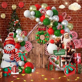 Merry Christmas Decorations with Red White Green Gold and Confetti Balloons Arch,Foil Fringe,Xmas Classic Plaid Tablecloth,Wreath and Candy Foil Balloons for 2025 Christmas New Year Party Decorations