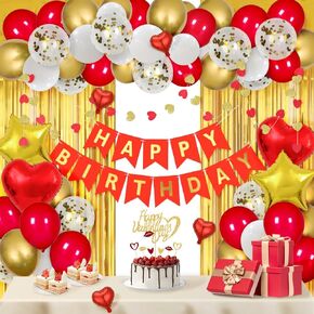 Red Birthday Decorations for Women with HAPPY BIRTHDAY Banner Curtains Heart Star Balloons for 16th 18th 21st 30th 40th 50th 60th Burgundy Birthday Party Supplies (Wine Red)