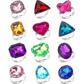 RICHNESS Adjustable Little Girl Jewel Rings Kids Gift Play Rings Multi Shapes Colorful Princess Pretend Jewel Rings Box Packed 12pcs …